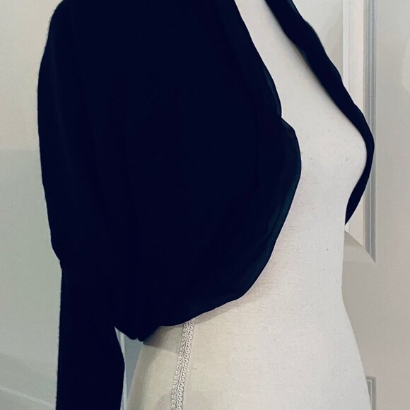 LANVIN BLACK CASHMERE SILK CHIFFON TRIMMED BOLERO- SIZE SMALL - Picture 2 of 9